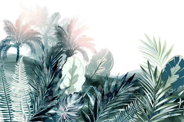 Tropical Vector Background Wallpaper Poster Palm Treed Green Leaves Watercolor — Stock Vector