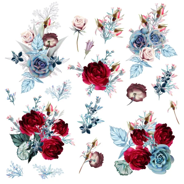 Collection Compositions Vectorielles Fleurs Roses Dans Style Vintage Pour Cartes — Image vectorielle