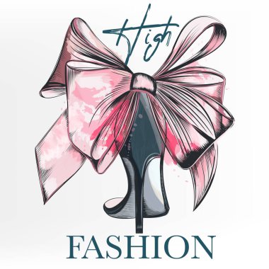 Kadın zarif ayakkabısıyla moda vektör çizimi ve suluboya stilinde yay 