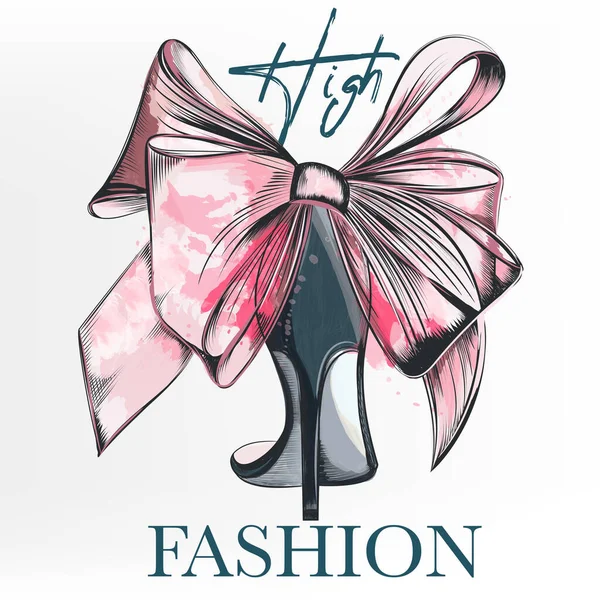 Fashion Vector Illustration Female Elegant Shoe Bow Watercolor Style — Stock Vector