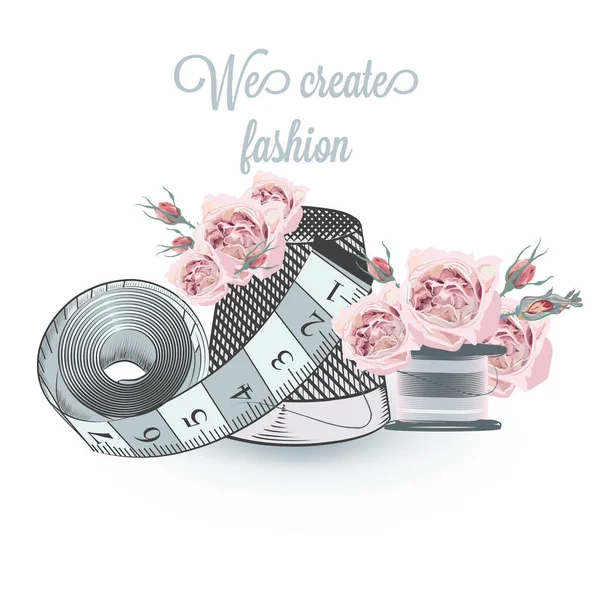 Fashion Vector Illustration Sewing Accessories Roses — Stock Vector