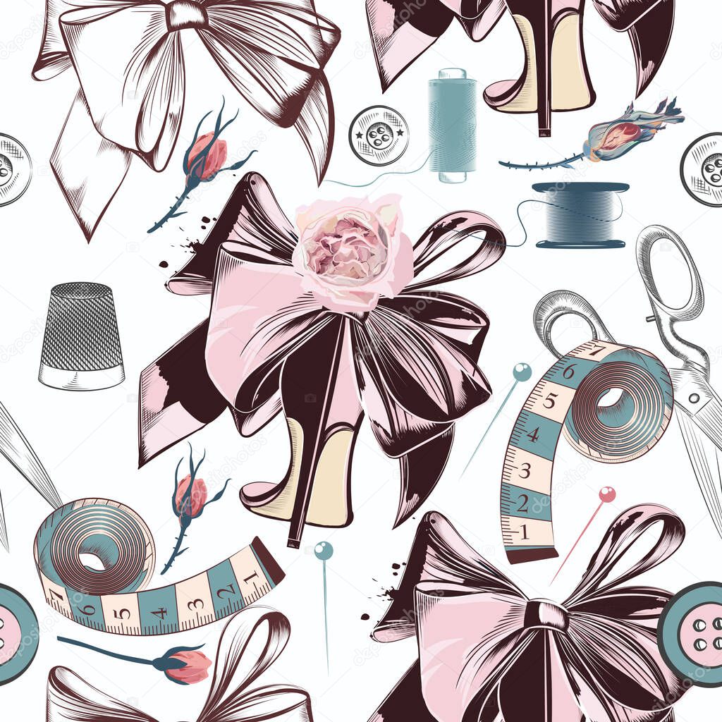 Fashion vector pattern with sewing accessories, bows, roses and shoes