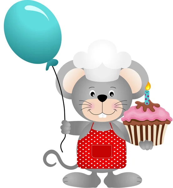 Cook mouse with balloon and birthday cake — Stock Vector