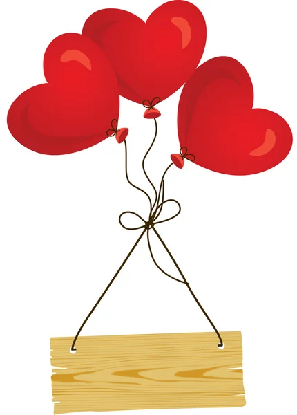 Sinal de madeira voando com balões cardíacos — Vetor de Stock
