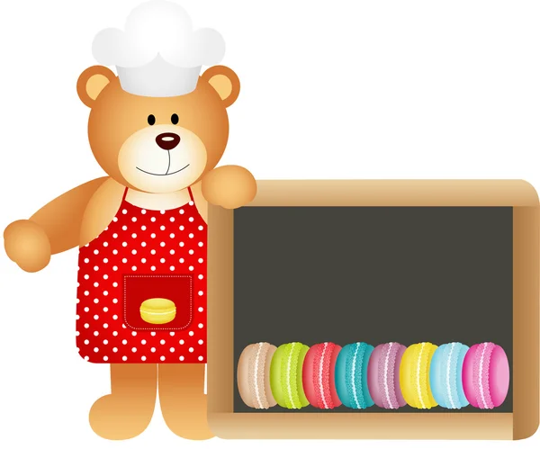 Oso de peluche cocinero con pizarra de macarrones — Vector de stock