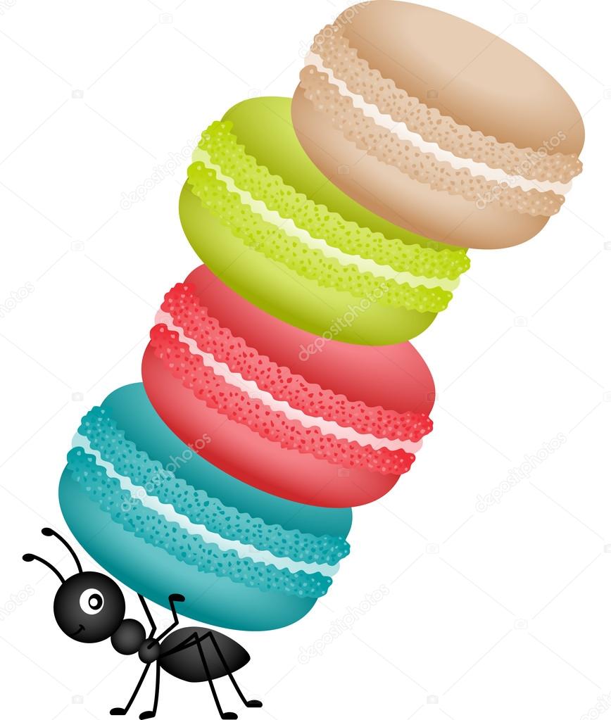 Ant carrying a pile of macaroons