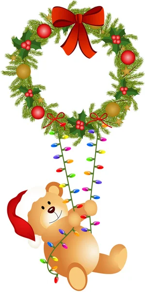 Medvídek houpající se na vánoční věnec — Stockový vektor