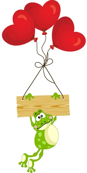 Βάτραχος με ξύλινη πινακίδα και μπαλόνια καρδιά — Διανυσματικό Αρχείο