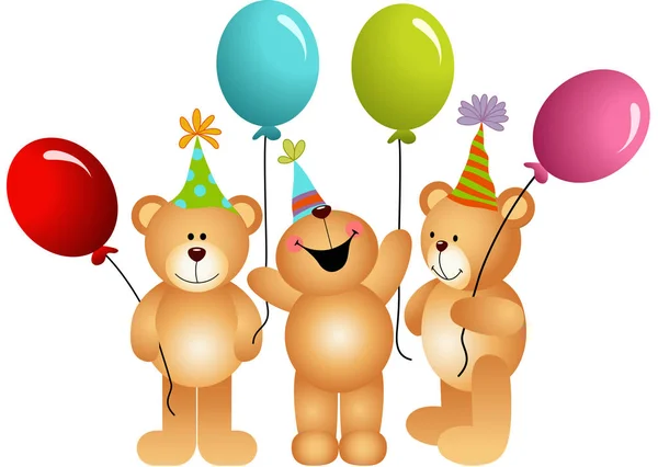 Ursinhos de pelúcia de aniversário com balões — Vetor de Stock