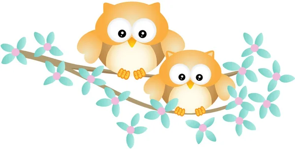 Cute owl couple sitting on tree branch — Stock Vector