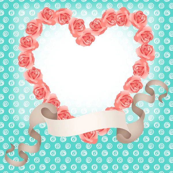 Cadre coeur en forme de roses avec fond de bannière ruban — Image vectorielle