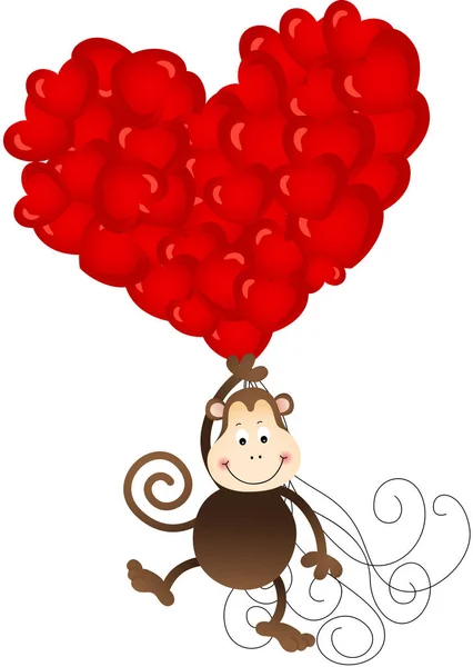 Macaco voando com balões cardíacos — Vetor de Stock