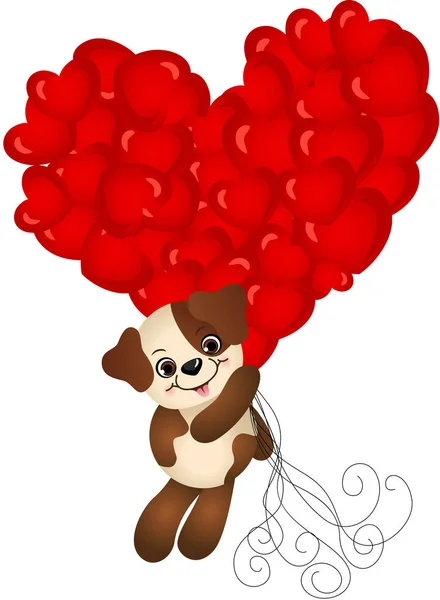Niedlicher Hund fliegt mit Herzballons — Stockvektor
