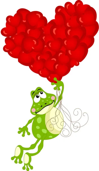 Χαριτωμένος βατράχου πετώντας με μπαλόνια καρδιά — Διανυσματικό Αρχείο