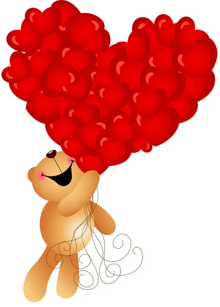 Teddy bear flyger med hjärtat ballonger — Stock vektor
