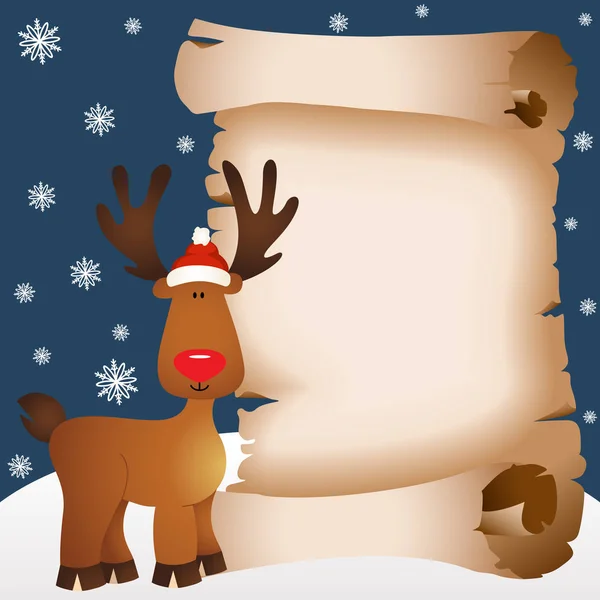 Cartão de Natal com renas e pergaminho — Vetor de Stock