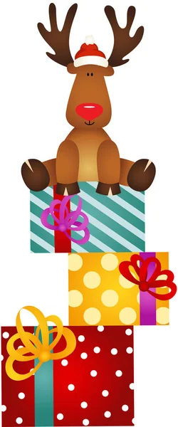 Lindo reno sentado en regalos de Navidad — Archivo Imágenes Vectoriales