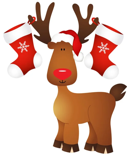 Lindo reno con medias de Navidad — Vector de stock