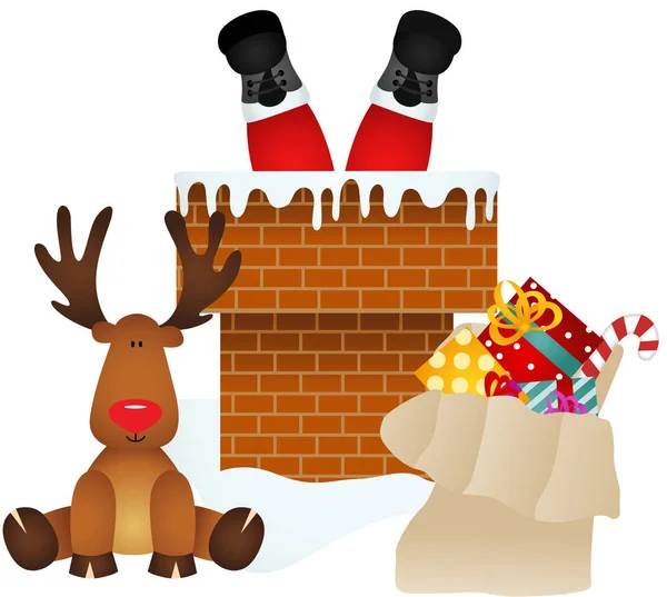 Jultomten kommer in genom skorstenen med renar — Stock vektor