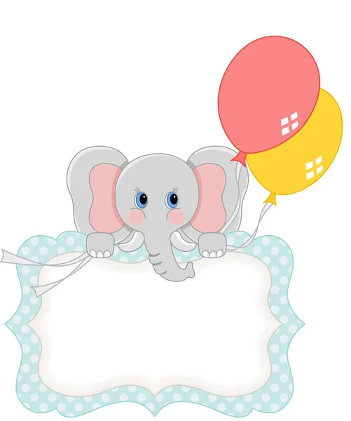 Elefante bebé con globos etiqueta de regalo en blanco — Vector de stock