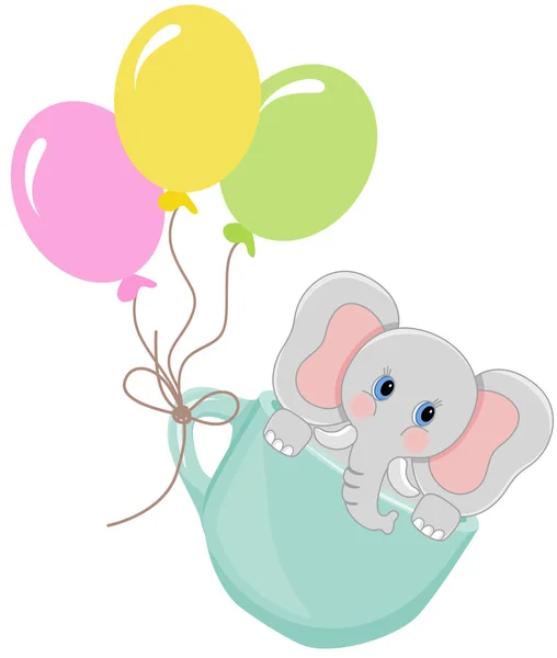 Elefante in tazza da tè con palloncini — Vettoriale Stock