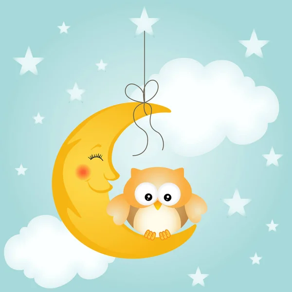 Спокойной ночи, луна и симпатичная сова — стоковый вектор