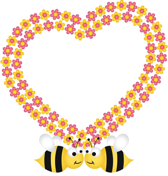Δυο μέλισσες με λουλούδι καρδιά σε ξύλινο πλαίσιο — Διανυσματικό Αρχείο