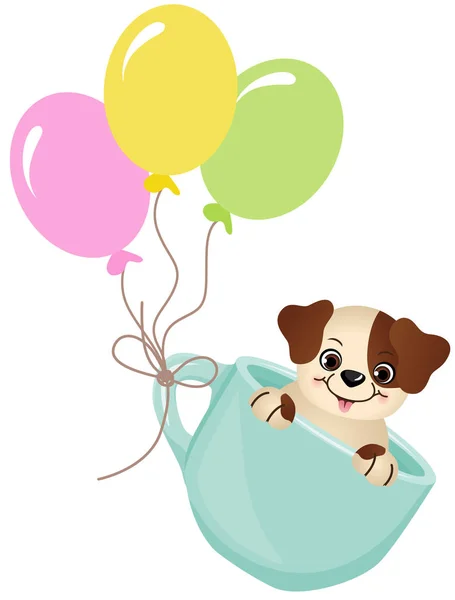 Mignon chien dans une tasse de thé avec des ballons — Image vectorielle