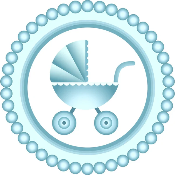 Baby carriage blue round label — Stock Vector