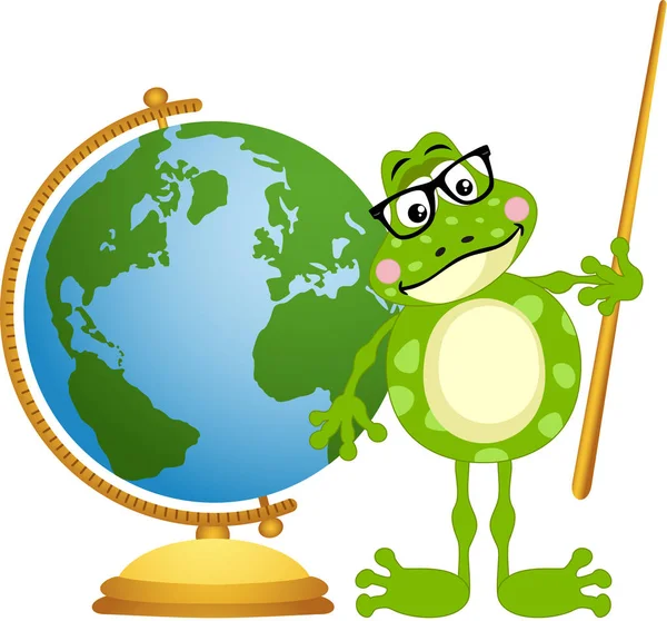 Frog teacher with globe — Stock Vector