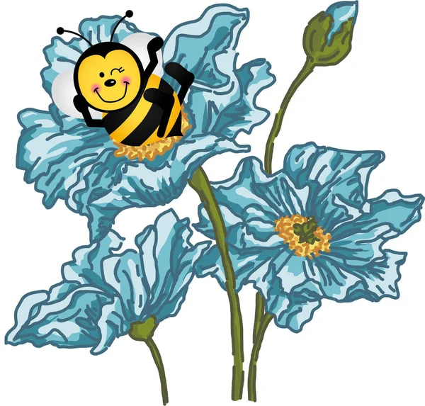 快乐蜂坐在蓝色的花 — 图库矢量图片