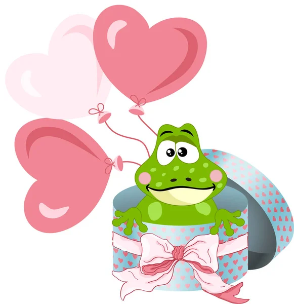 Frosch in rundem Geschenkkarton mit Schleife und Luftballons — Stockvektor