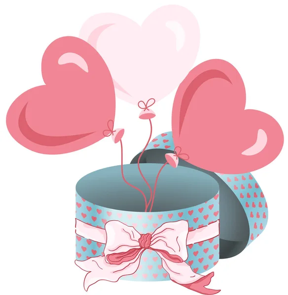 Round gift box with bow ribbon and heart balloons — Stock Vector