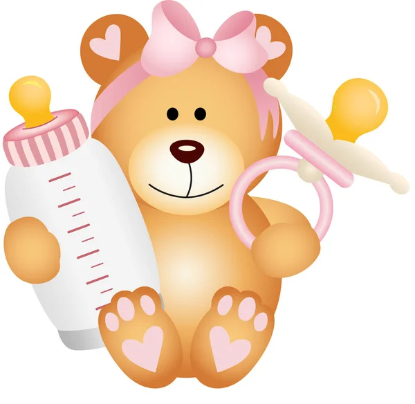 Bebé niña osito de peluche con chupete de bebé y leche biberón — Vector de stock