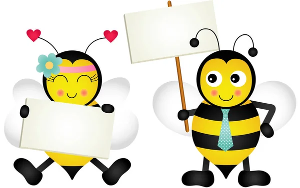 Un par de abejas sosteniendo letreros en blanco — Vector de stock