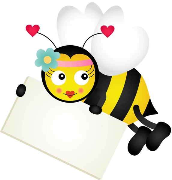 Linda abeja sosteniendo letrero en blanco — Vector de stock