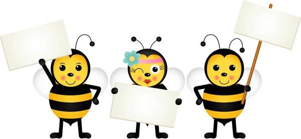 Tres abejas sosteniendo letreros en blanco — Vector de stock