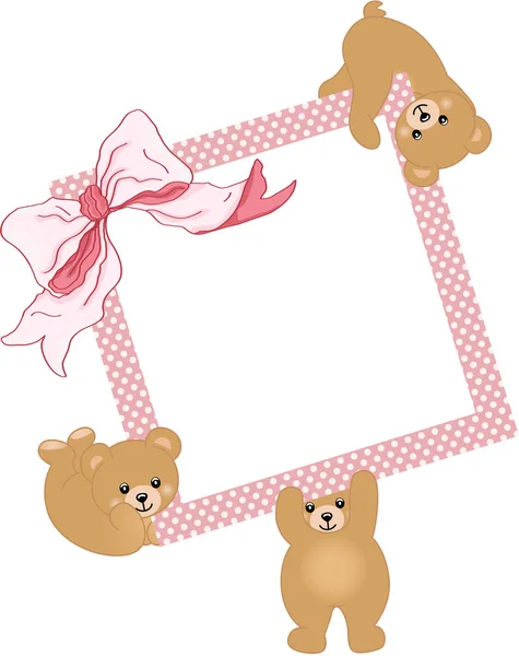 Baby teddy bears holding pink frame and ribbon — Stock Vector