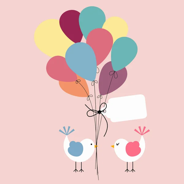 Симпатичные птицы на фоне воздушных шаров приветствие — стоковый вектор