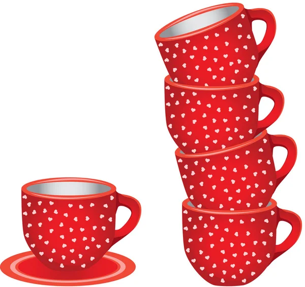 Stack of red tea cups with hearts — Stock Vector