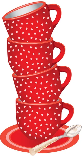Pilha de xícaras de chá vermelho com corações e colher — Vetor de Stock