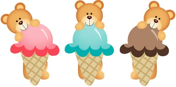 Tres osos de peluche comiendo helado — Archivo Imágenes Vectoriales