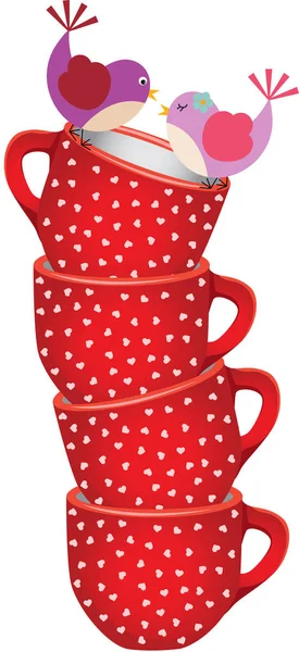 Montón de tazas de té rojo con corazones y pájaros — Archivo Imágenes Vectoriales