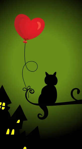 Gato com balão de coração na noite da árvore —  Vetores de Stock