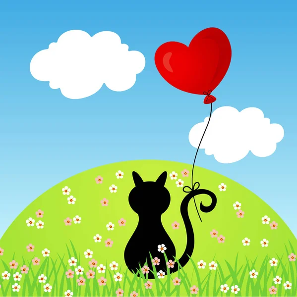 Γάτα με καρδιά μπαλόνι στο βουνό — Διανυσματικό Αρχείο