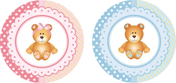 Babydouche ronde sticker etiketten met teddybeer — Stockvector