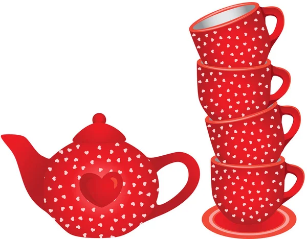 Пачка чашек красного чая и чайник с сердцами — стоковый вектор