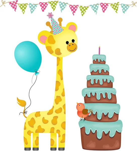 Fiesta de cumpleaños con globo, jirafa y pastel — Vector de stock