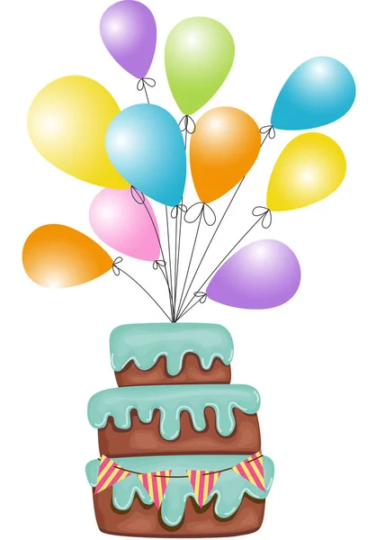 Pastel de cumpleaños con globos — Vector de stock