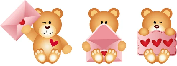 Teddybären mit Umschlag und Herzpostkarte — Stockvektor